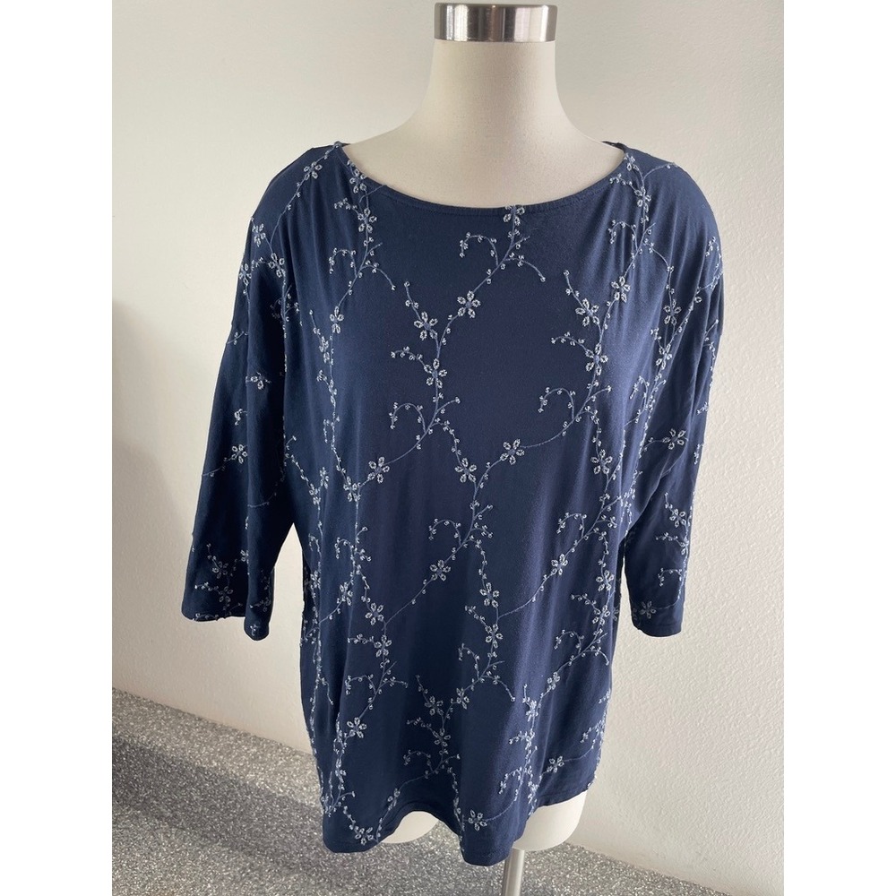 J Jill Womens‎ Large Navy Blue Floral Embroidered Knit Top 3/4 Sleeve Shirt